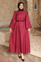 Burgundy Balloon Sleeve Belted Dress