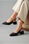 Women's Black Leather Gold Buckle Pointed Toe Ankle Strap Low Heel Summer Slingback Shoes - 2