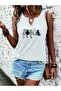 Women's Cat Printed Half V-Neck Sleeveless Regular Fit Casual T-Shirt