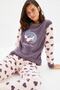 Füme Kalpli Kedi Nakışlı Uyku Bantlı Polar Kışlık Örme Pijama Takımı THMAW21PT0669