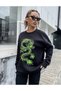 Women's Oversize Sweatshirt Green Dragon Printed Black - 2