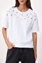 Beyaz Oversize/Geniş Kalıp Kısa Kollu Aksesuar Detaylı Uzun %100 Pamuk Örme T-shirt TWOSS26TS00238 - 3