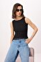 Black Fitted Sleeveless Gathered Crop/Short Tulle Knitted Blouse Twoss26Bz00349 - 2