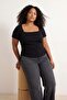 Black Square Neck Gathered Camisole Knitted Plus Size Blouse Tbbss26Af00047 - 3