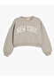 Crop Sweatshirt Oversize Slogan Printed Crew Neck Ribbed Cotton Blend - 3