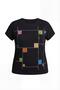 Women's Large Size Colorful Stone Printed Short Sleeve Black Blouse - 7