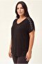 Women's Plus Size V-Neck Shoulders Square Stone Detail Black Blouse - 3