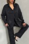 Women's Black Leopard Patterned Satin Suit - 5