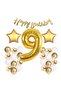 Gold Concept 9Th Birthday Celebration Set; White Gold Confetti Balloon, Number Star Foil and Banner - 2