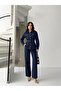 Belted Navy Blue Double Jacket+Pants Denim Suit