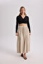 Gabbiano Lace-Up Pleated Beige Linen Skirt - 6