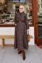 Women's Plaid Pattern Collar Tie-Detail Skirt Suit Brown - 3