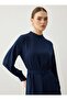 Medina Silk Belt Detailed Hijab Dress - Navy Blue - - 5