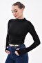 100% Viscos Black Finger Detailed Women's Bodysuit – Long Sleeve |   Flexible and Soft Fabric - 3