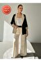 Contrast Color Paneled Blazer Jacket Palazzo Pants Cream - Black Women's Suit