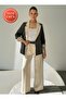 Contrast Color Paneled Blazer Jacket Palazzo Pants Cream - Anthracite Women's Suit