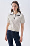 Women's Ecru Jacquard Polo Collar Short Sleeve Sweater