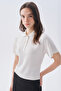 Women's Off-White Fitted Striped Polo Collar Short Sleeve Sweater - 3