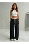 Wide Leg, Elastic Waist, Lace-Up, Textured, High Waist, Comfortable Cut Women's Trousers - 3