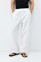 Elastic Waist Baggy Fit Linen Trousers White - 3