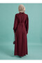 Gold Button Detailed Balloon Sleeve Belted Modest Dress - Burgundy - - 7