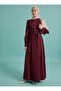 Gold Button Detailed Balloon Sleeve Belted Modest Dress - Burgundy - - 5