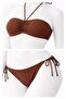 Women's Milky Coffee Stretch Fabric Stretchy Tie-Detail Neck Strapless Chic Ruched Adjustable Bikini Set - 4