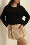 Women's Black Lace-Like Knit Crochet Knit Crew Neck Long Sleeve Bohemian Blouse Sweater - 2