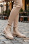 Beige Lace-Up Zippered Women's Heeled Boots - 3