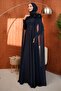 Navy Blue Collared Floral Cape Evening Dress - 4