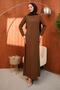 Brown Crew Neck Stone Embroidered Evening Dress