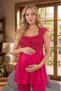 New Season Fuchsia Wide-Strap Summer Button Detailed Lace Piece 100% Cotton Maternity Pajama Set - 2