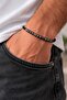 Hematite Look Cylinder and Round Beaded Black Braided Men's Bracelet