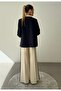 Contrast Color Paneled Blazer Jacket Palazzo Pants Cream - Navy Blue Women's Suit - 7