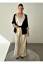 Contrast Color Paneled Blazer Jacket Palazzo Pants Cream - Navy Blue Women's Suit - 3