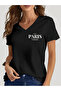 Women's Paris Printed V-Neck Sleeved Regular Fit T-Shirt