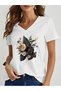 Women's Floral Printed V-Neck Sleeved Regular Fit T-Shirt