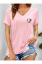 Women's Heart Printed V-Neck Sleeved Regular Fit T-Shirt
