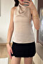 Luxe Bej Degaje Yaka Drapeli Halter Neck Satin Silk Fabric Stylish Blouse - 5