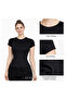 قميص أسود قصير الأكمام للنساء من Black Crew Neck Basic فائق النعومة
