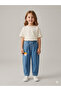Girl's Cream Basic T-Shirt and Apple Embroidered Balloon Jean Denim Top and Bottom Set