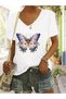 Women's Butterfly Printed V-Neck Sleeved Regular Fit T-Shirt