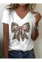 Women's Ribbon Printed V-Neck Sleeved Regular Fit T-Shirt