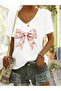 Women's Ribbon Printed V-Neck Sleeved Regular Fit T-Shirt