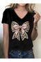 Women's Ribbon Printed V-Neck Sleeved Regular Fit T-Shirt