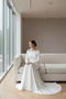 Women's Boat Neck Long Sleeve Sweep Train Slit Pencil Wedding Dress Lined Crepe Fabric Wedding Gown - 6