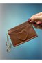 Five-Compartment Heart Detailed Tan Color Women's Card Holder and Bag Charm