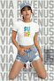 Surf Printed %100 Cotton Stretch Fabric Slim Fit Short Sleeve Crew Neck Tee Cropped