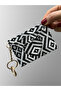 Five-Compartment Heart Detailed Ethnic Patterned Black and White Women's Card Holder and Bag Charm