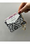 Five-Compartment Heart Detailed Ethnic Patterned Black and White Women's Card Holder and Bag Charm - 4
